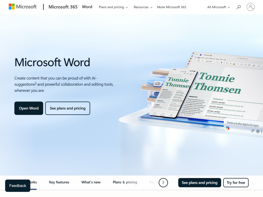 Screenshot of the Microsoft Word website.